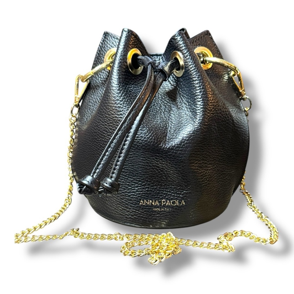 ANNA PAOLA Black Leather Mini Bucket Bag with Gold Chain